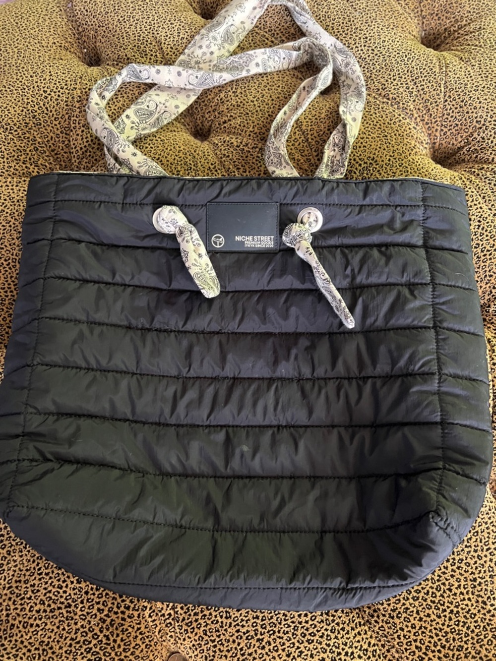 Niche Street Santee Bag Black Quilted Tote with Patterned Straps